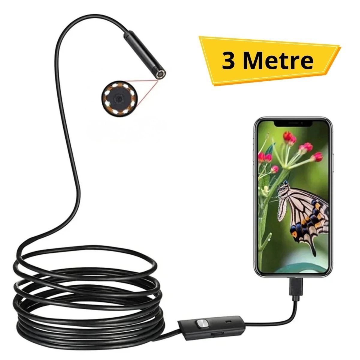 BUFFER® 3 Metre Android Telefon Uyumlu 6 LED Işıklı Su Geçirmez Endoskop / Boroskop Yılan Kamera HD