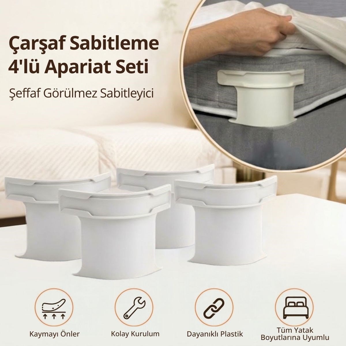BUFFER® 4'lü Çarşaf Sabitleyici Kaydırmaz Aparat, Dört Köşeden Kilitleyen Şeffaf Akıllı Çarşaf Tutucu Sistem