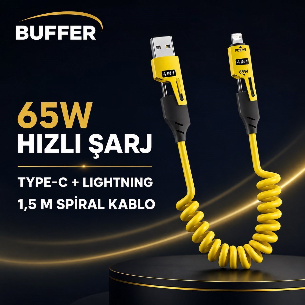 BUFFER® 4'ü 1 Arada Esnek Spiral Hızlı Şarj Kablosu, Araç İçi Yaylı Kablo, Type-C ve Lightning Uyumlu Çoklu Şarj Kablosu