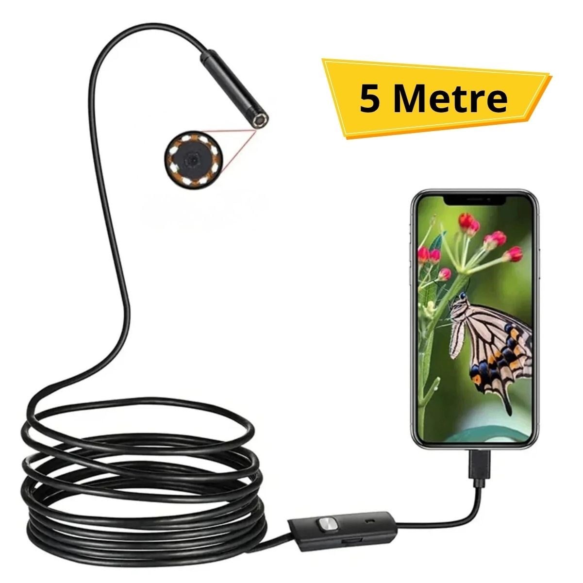 BUFFER® 5 Metre Android Telefon Uyumlu 6 LED Işıklı Su Geçirmez Endoskop / Boroskop Yılan Kamera HD
