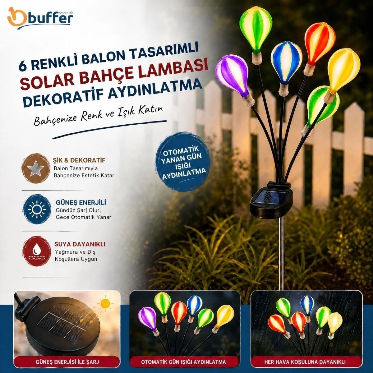 BUFFER Balon Tasarımlı Solar Bahçe Lambası, Renkli Başlıklı Dekoratif Aydınlatma