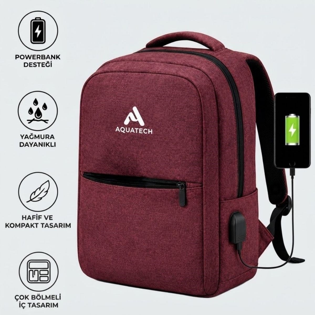 BUFFER® Bordo Laptop Sırt Çantası, Bilgisayar Korumalı İç Bölmeli Notebook Çantası, Organizer Cepli ve USB Şarj Portlu