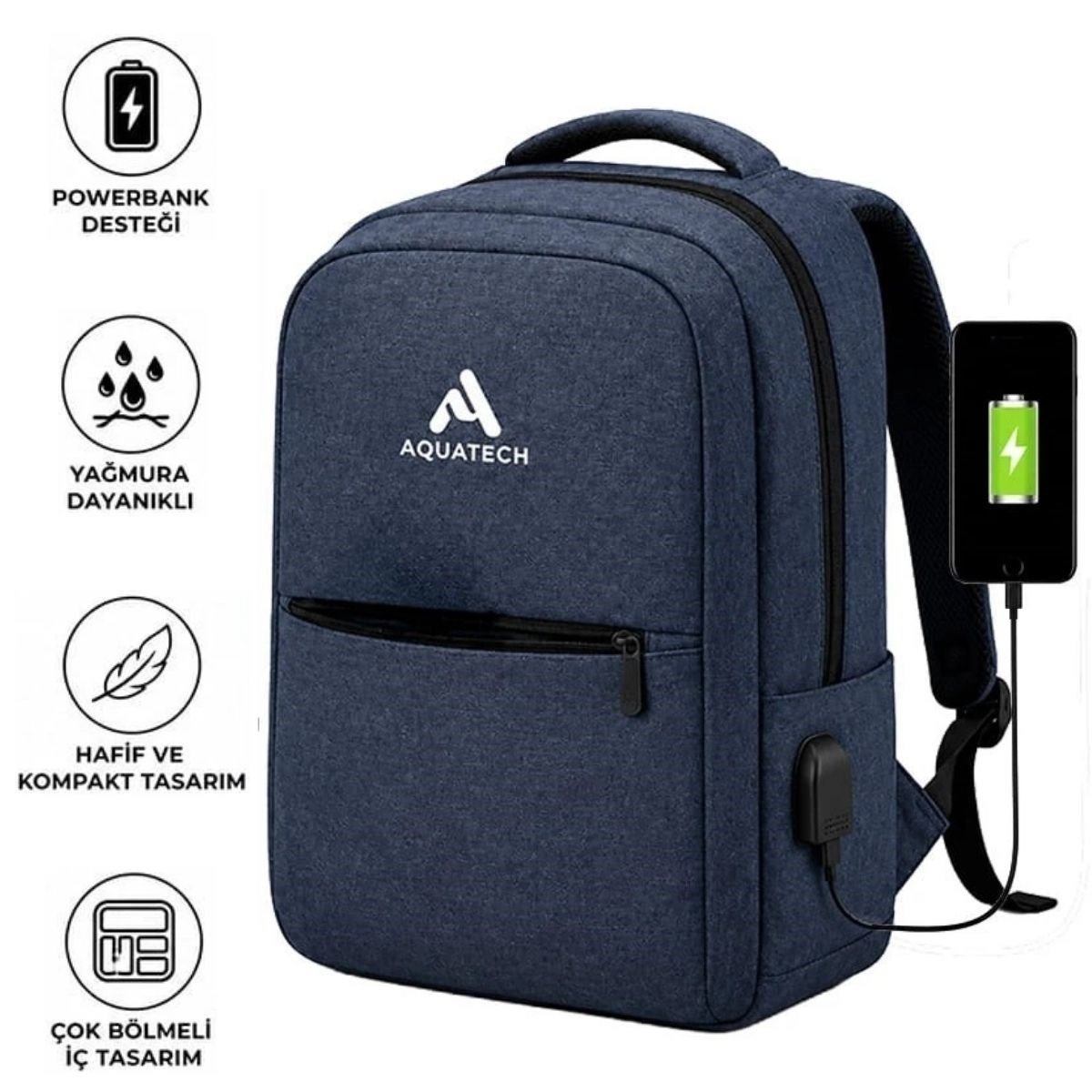 BUFFER® Lacivert Laptop Sırt Çantası, Bilgisayar Korumalı İç Bölmeli Notebook Çantası, Organizer Cepli ve USB Şarj Portlu