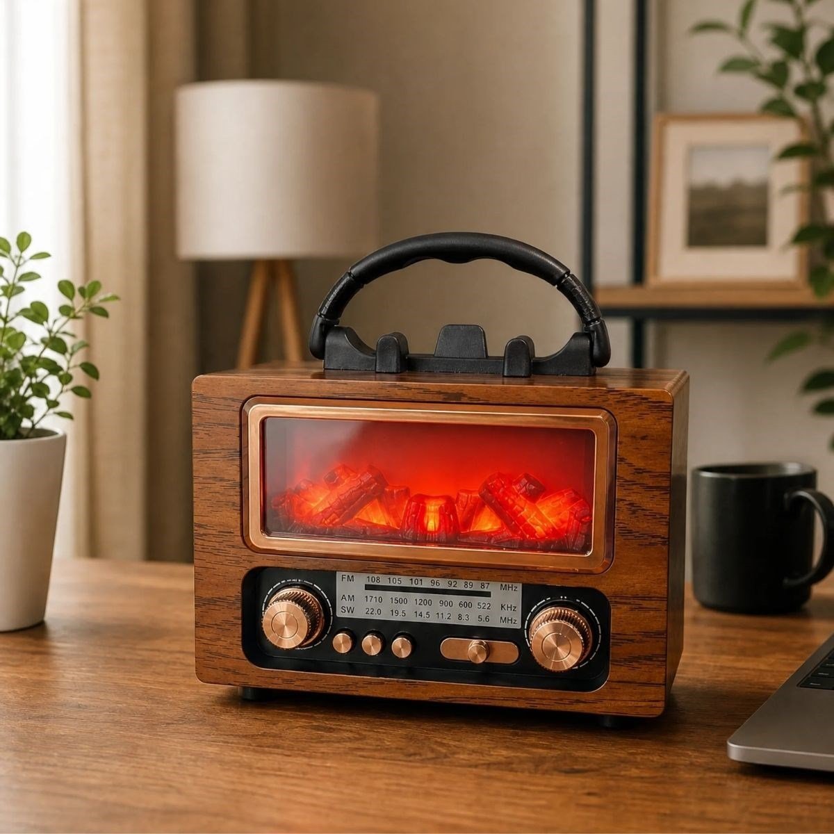 BUFFER® NS-901 Şömine Görünümlü Bluetooth Hoparlör, Nostaljik Radyo ve Kablosuz Müzik Çalar, Dekoratif Retro Tasarım