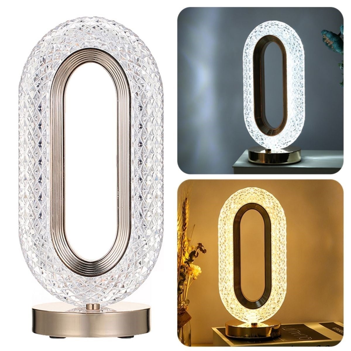 BUFFER® Oval Model USB Şarjlı Dokunmatik 3 Farklı Işık Modlu Masa Üstü Kristal Akrilik Lamba Led