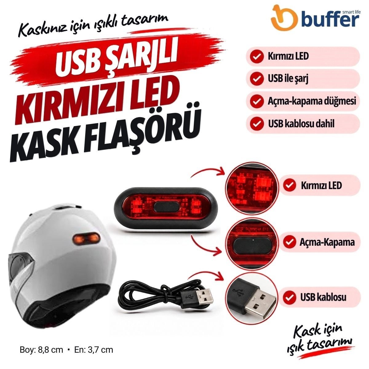 BUFFER USB Şarjlı Kırmızı LED Kask Flaşörü, Açma Kapama Düğmeli Siyah Oval Gövde, USB Kablolu 8,8 x 3,7 cm Kask Aydınlatma Işığı