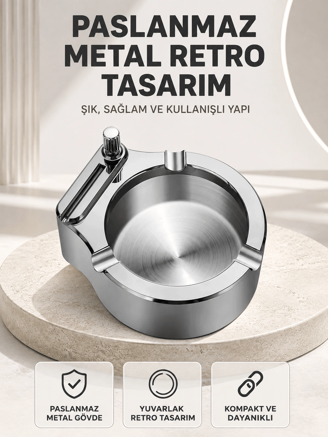 Çakmaklı Küllük Paslanmaz Metal Yuvarlak Tasarım