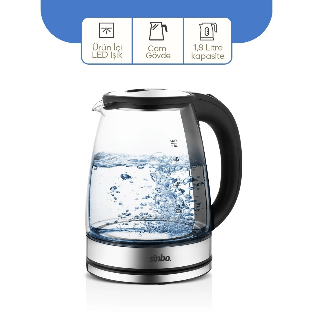 Cam - Ledli Kettle 1.8lt  Gizli Rezistans - Kablosuz 360 Derece Gövde 1500w Sk-8033 Bx40