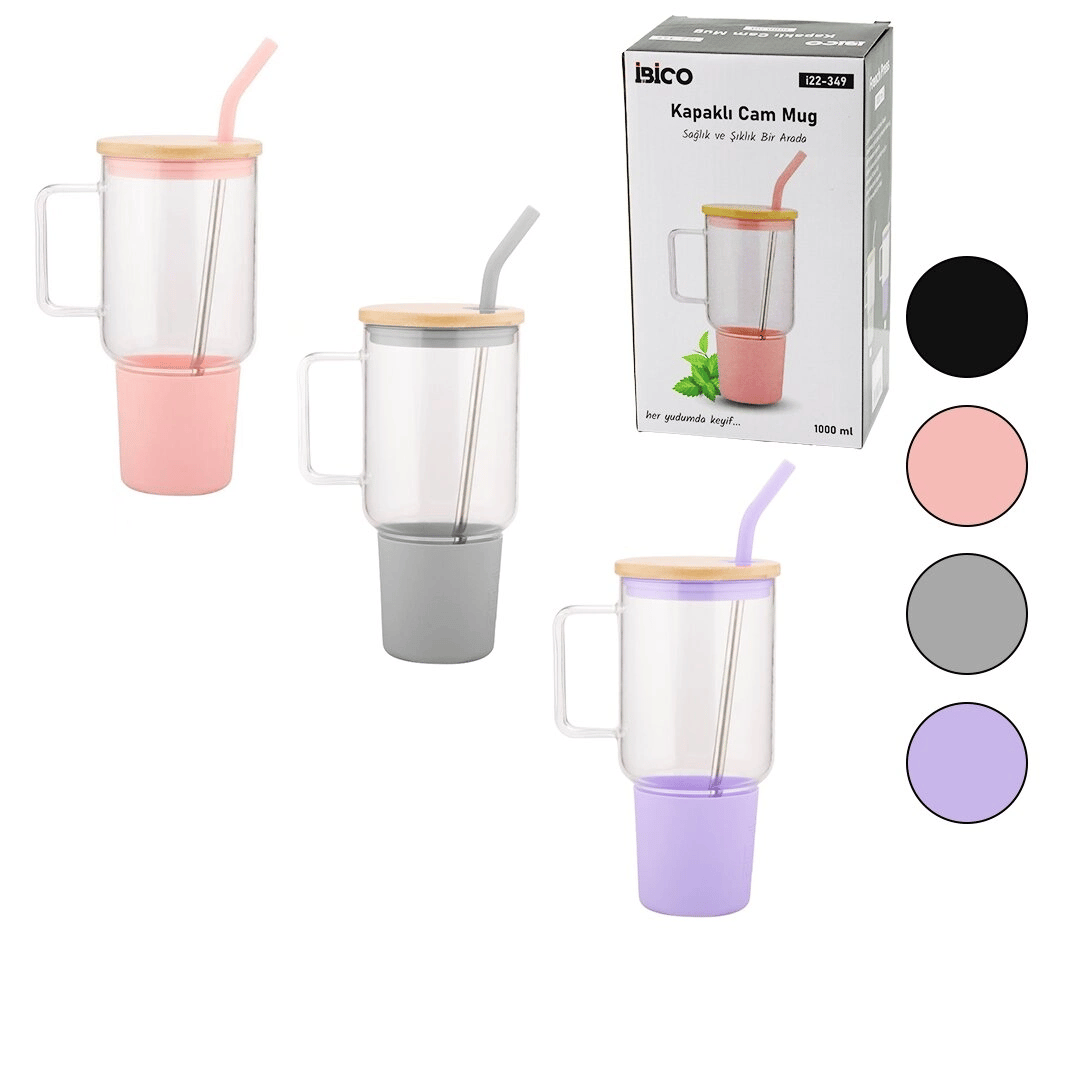 Cam 1000ml Matara - Suluk Bambu Kapak - Sızdırmaz Silikonlu Çelik Pipet Koruyucu Silikon Altlık - Kılıf Bx40