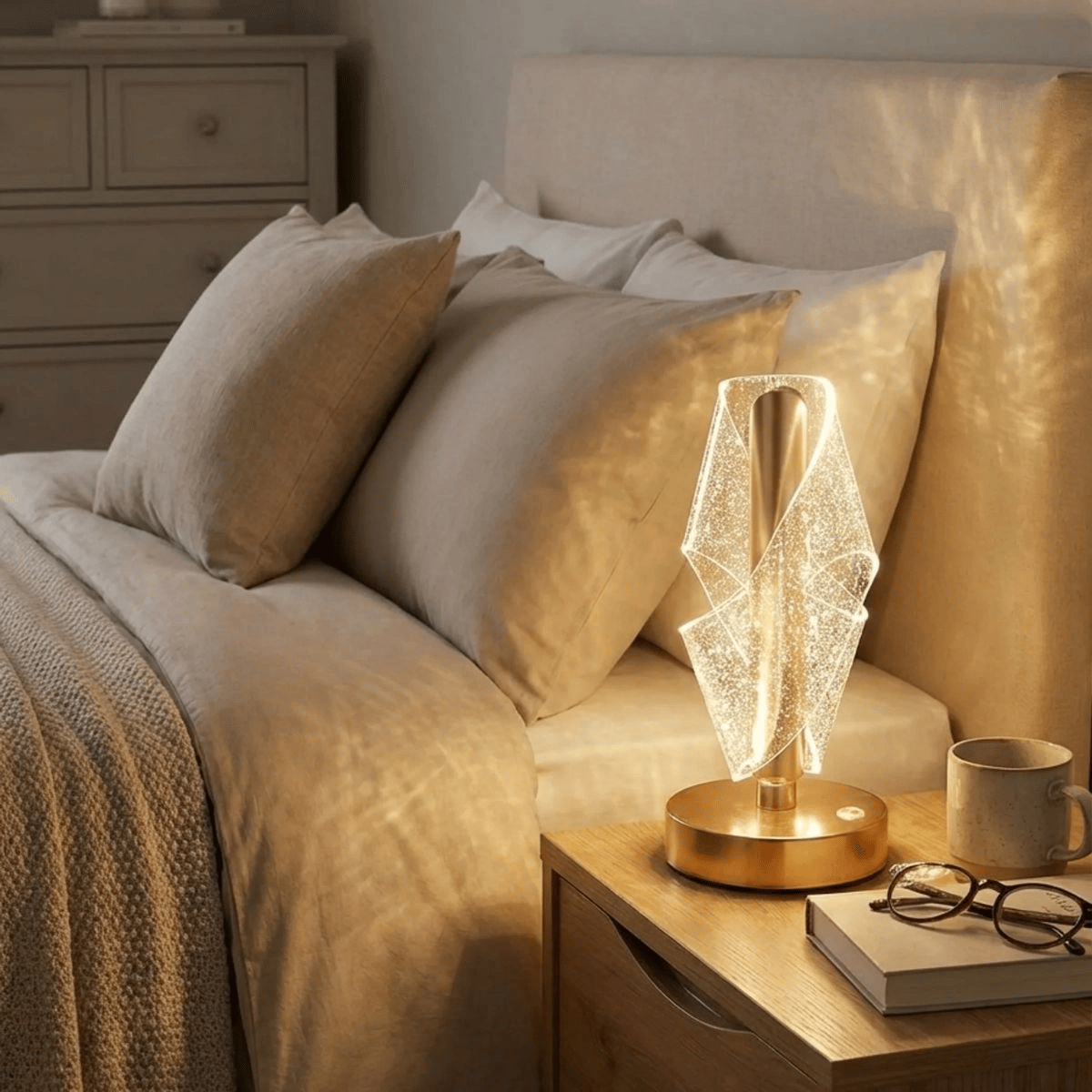 Çapraz Kavisli Ters Kristal Simli Led Masa Lambası – Gold Gövdeli, Dokunmatik, 3 Kademe Işık Ayarlı Şarjlı Dekoratif Lamba Bx40