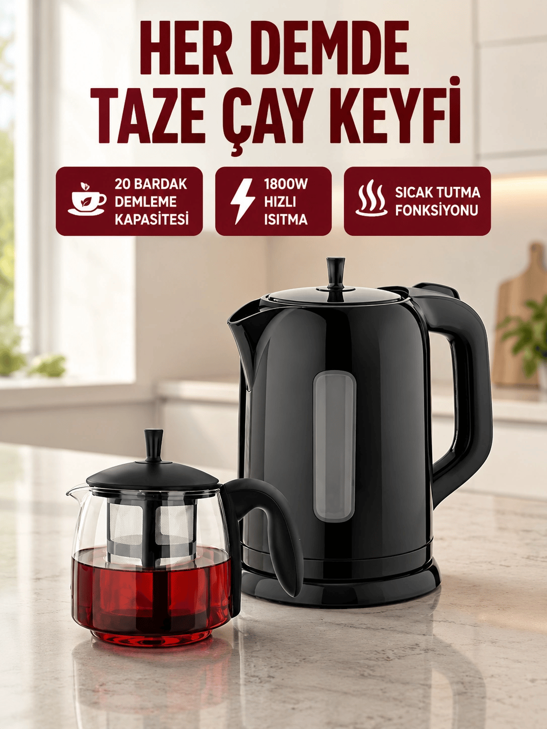 Çaycı Cam Demlikli 1800W Güçlü ve Sıcak Tutmalı Elektrikli Çay Makinesi