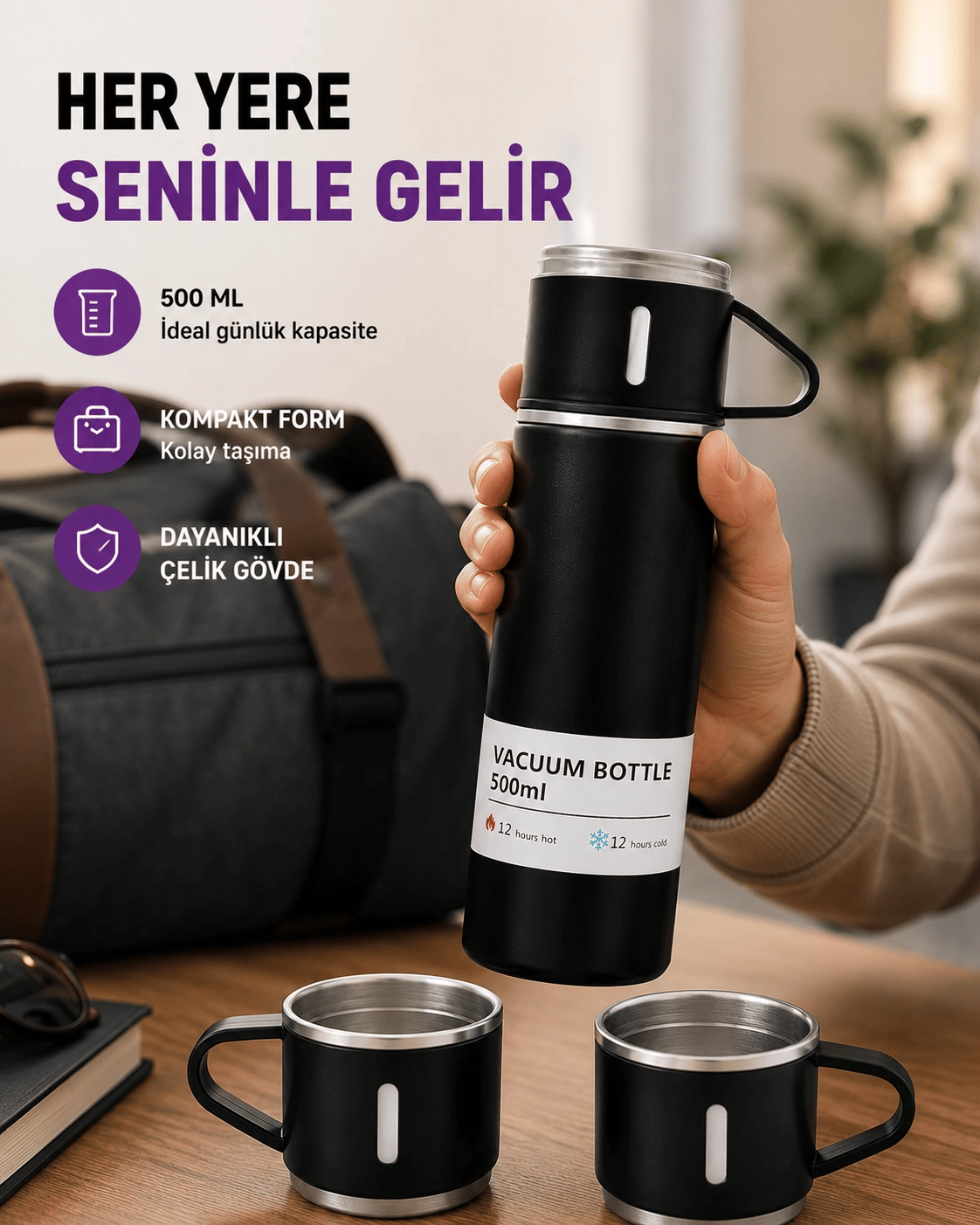 Çelik Termos Bardak Seti | 500 ml Kapasite, Kaymaz Taban, Hediye Kutulu