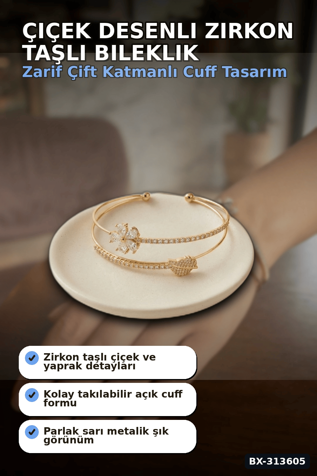 Çiçek Desenli Zirkon Taşlı Kadın Bileklik - Pirinç Materyal - Tekli Takı BX-313605