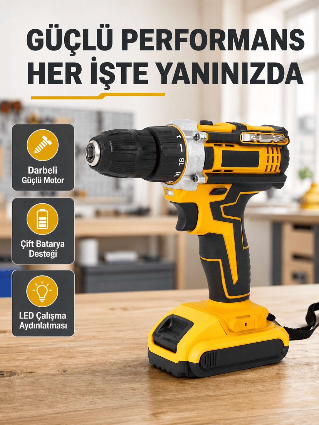 Çift Bataryalı Darbeli Şarjlı Matkap Seti – Metal Dişli, 24 Parça Aksesuar ve LED Işıklı