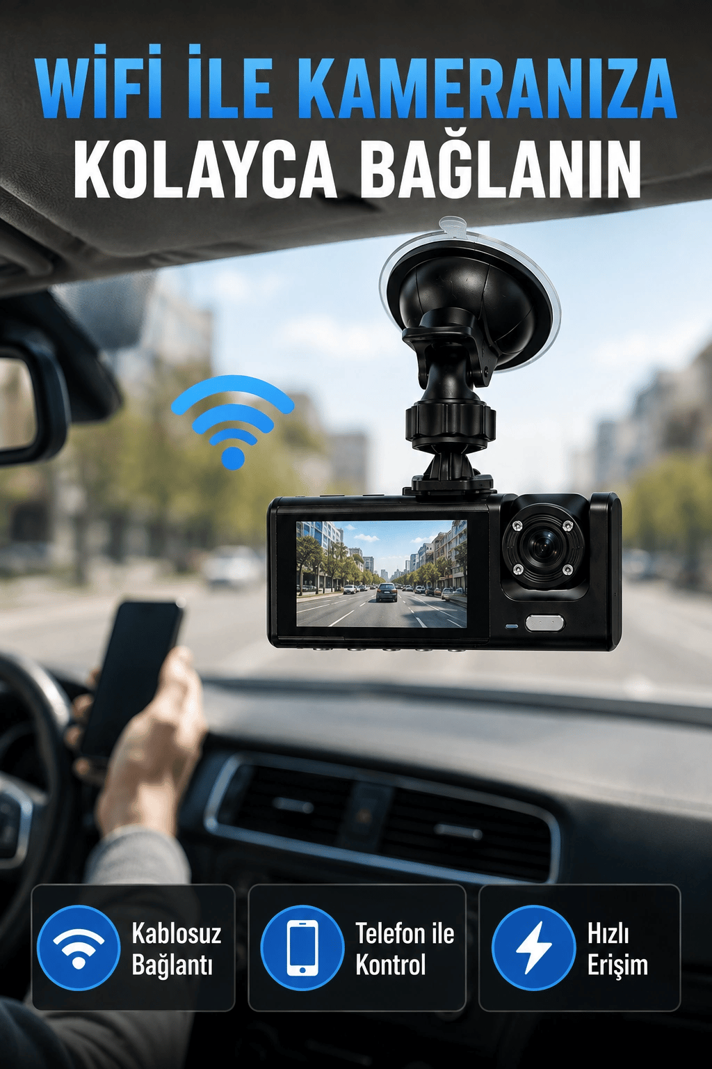 Çift Kameralı WiFi Araç Kamerası 170° Geniş Açı Full HD Araç İçi Kayıt Sistemi