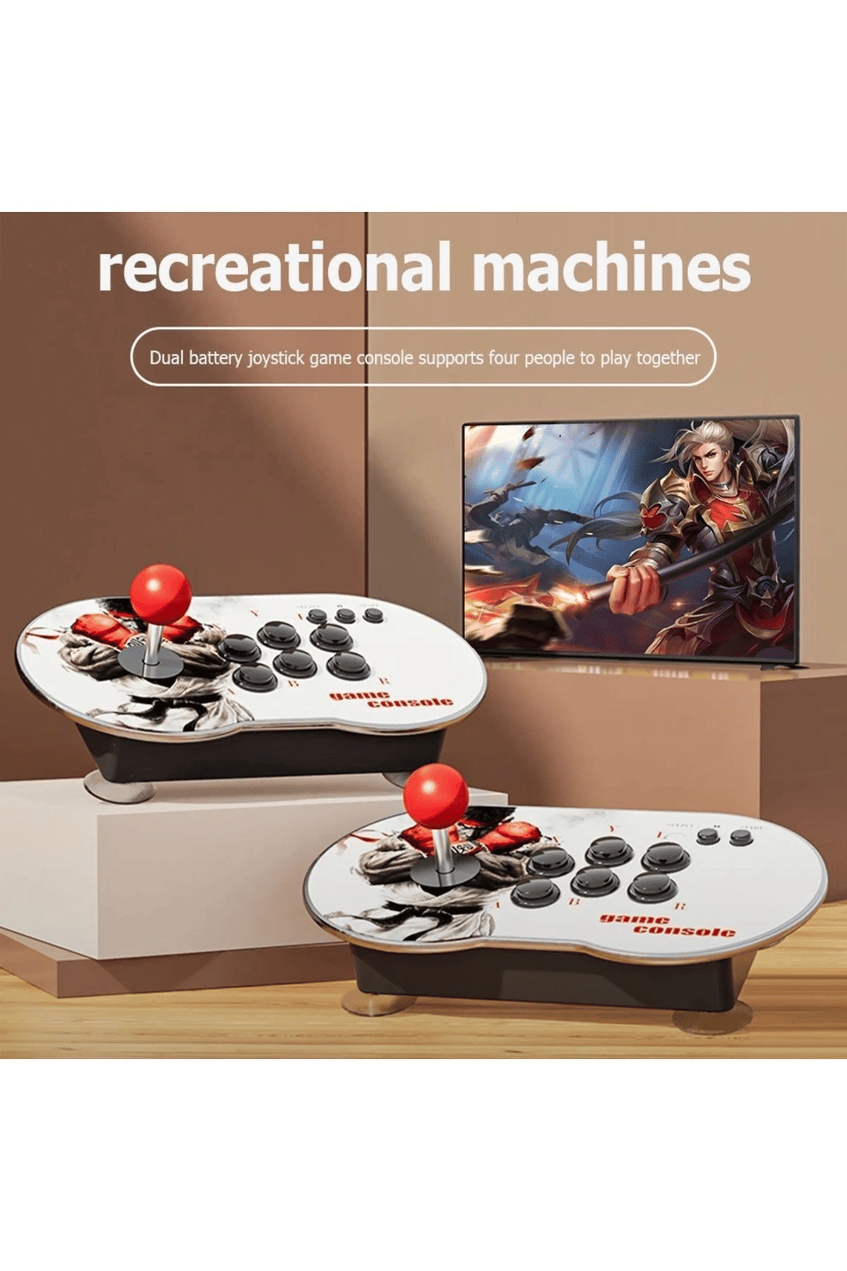 Çift kişilik retro joystickli beyaz oyun konsolu, 4K HD görüntü, oyun, bluetooth yok
