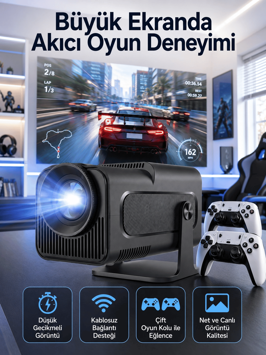 Çift Kollu Game Box Projeksiyon Cihazı Kumandalı Android Tv Dahili Hoparlör