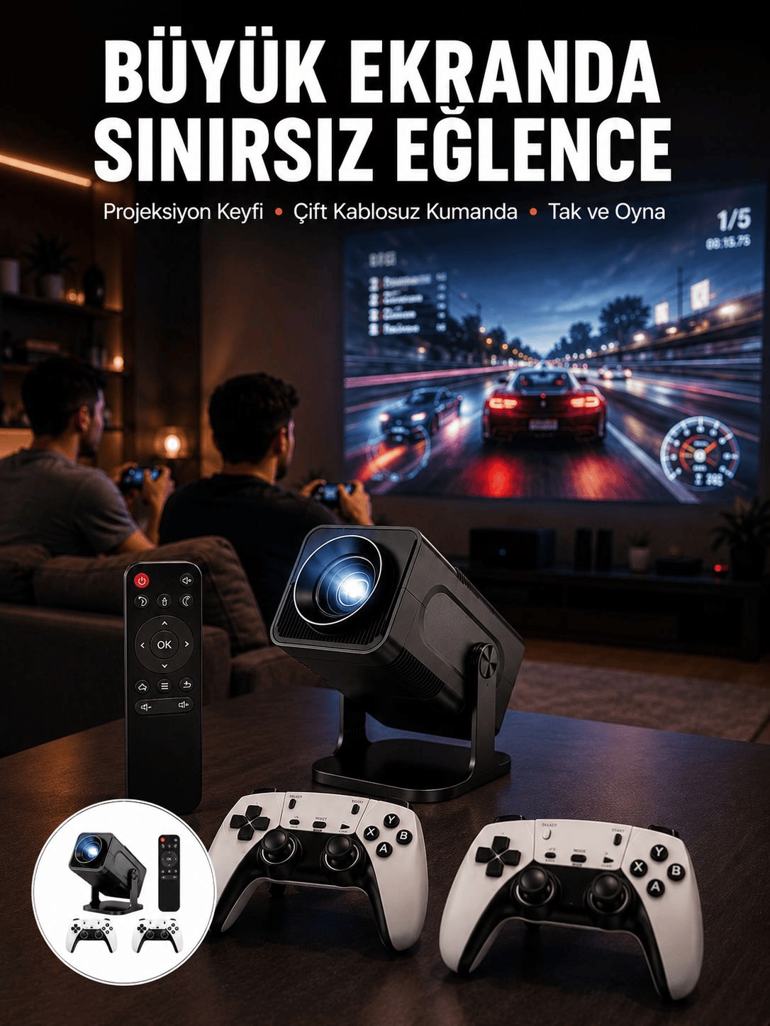 Çift Kollu Game Box Projeksiyon Cihazı Kumandalı Android Tv Dahili Hoparlör Yeni Nesil