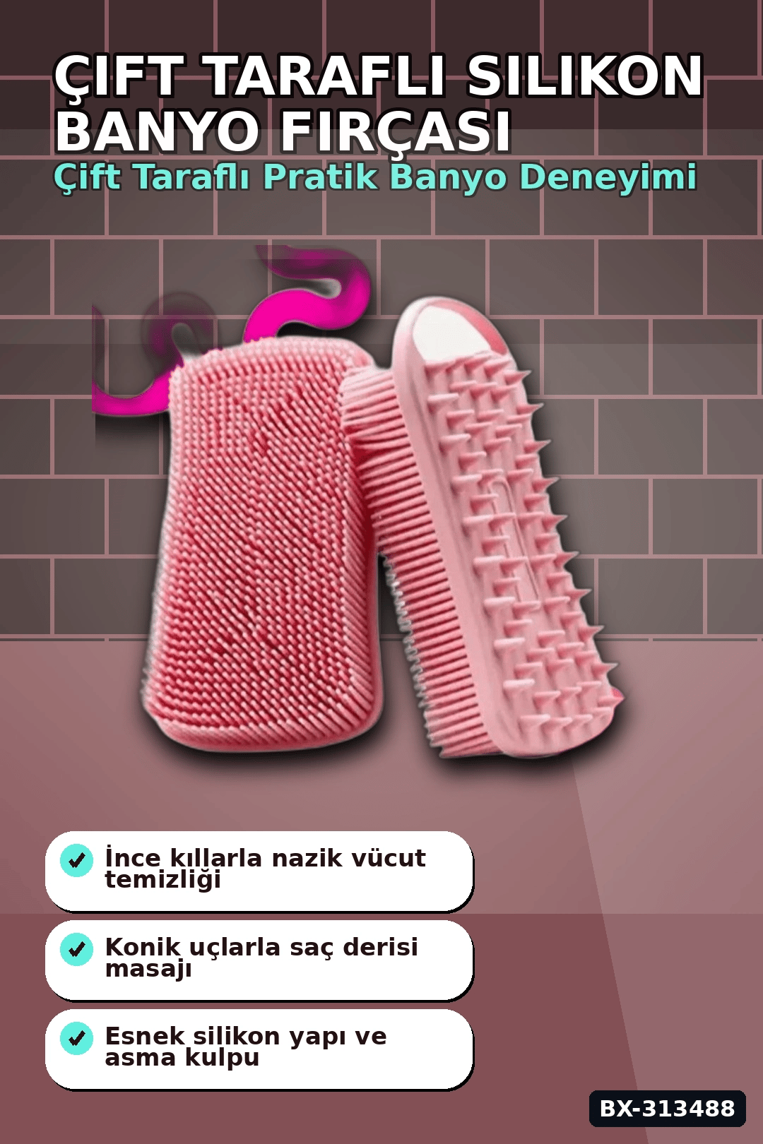 Çift Taraflı Silikon Banyo Masaj Fırçası - Saç Derisi Yatıştırıcı Taraklı 1 Adet BX-313488