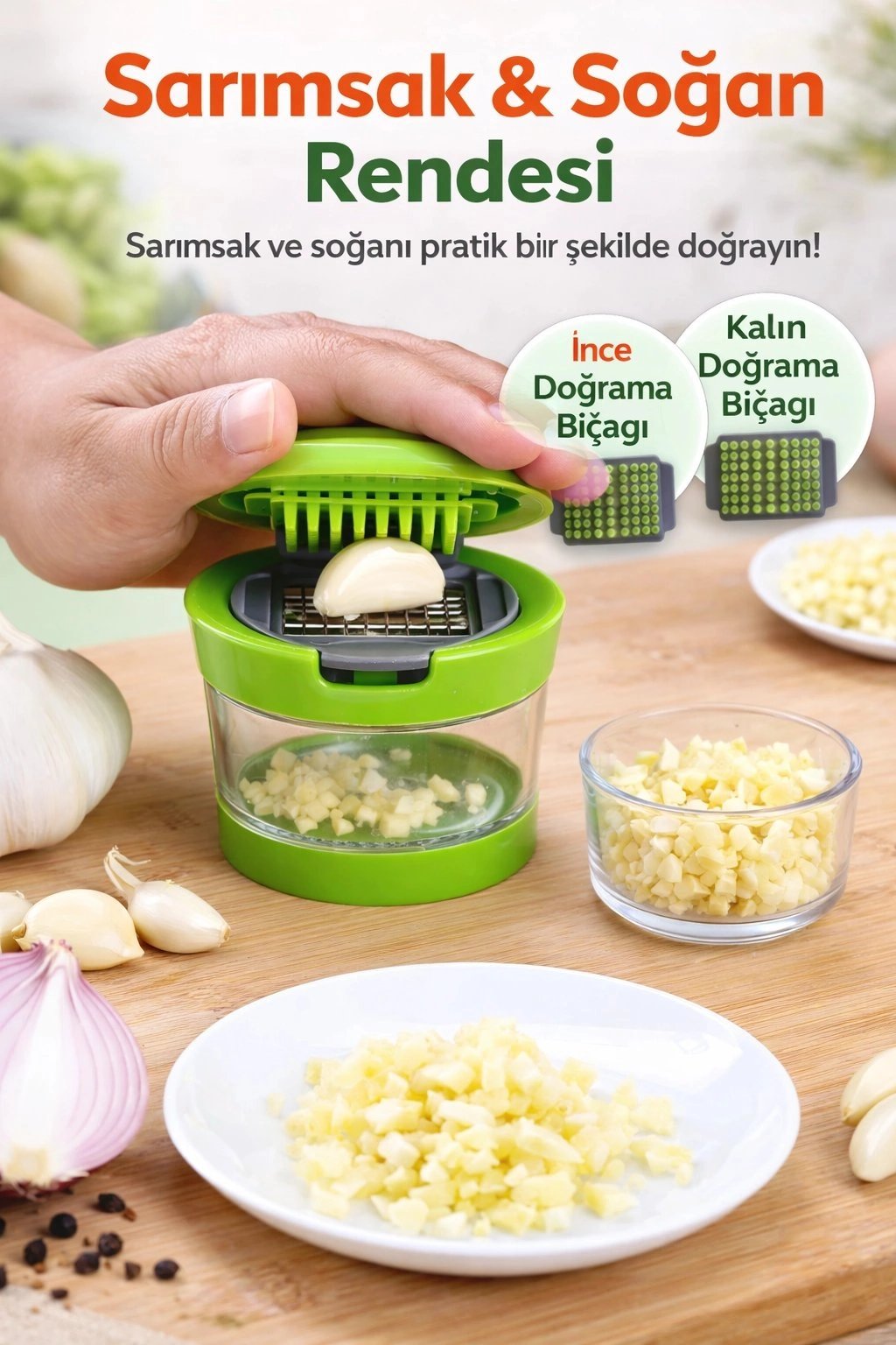 Çıkarılabilir Hazneli Sarımsak Doğrayıcı 2 Bıçaklı Pratik Mutfak Kesme Aparatı Seti