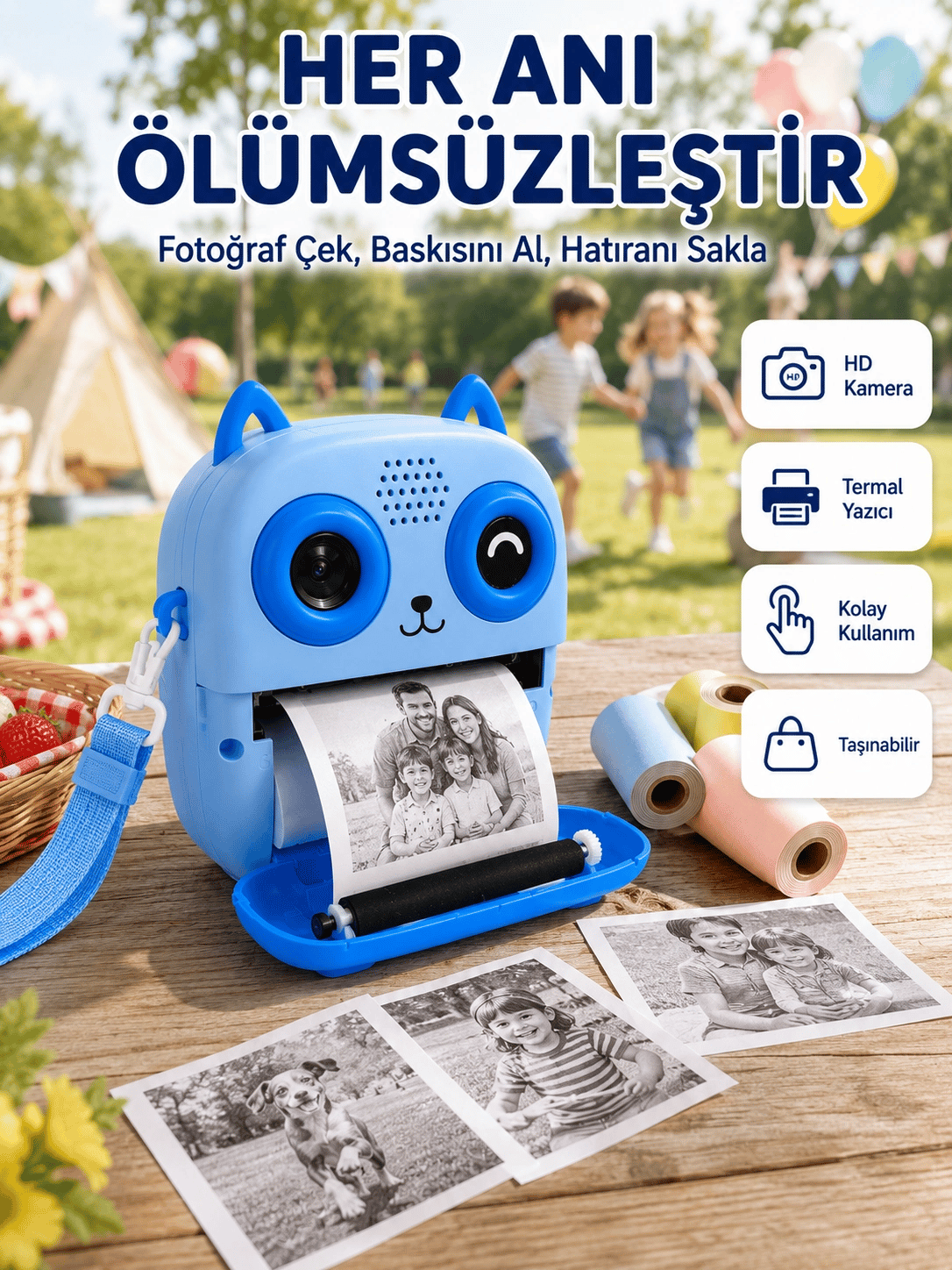 Çocuklar İçin Termal Baskılı Dijital Fotoğraf Makinesi Ön ve Arka Kameralı