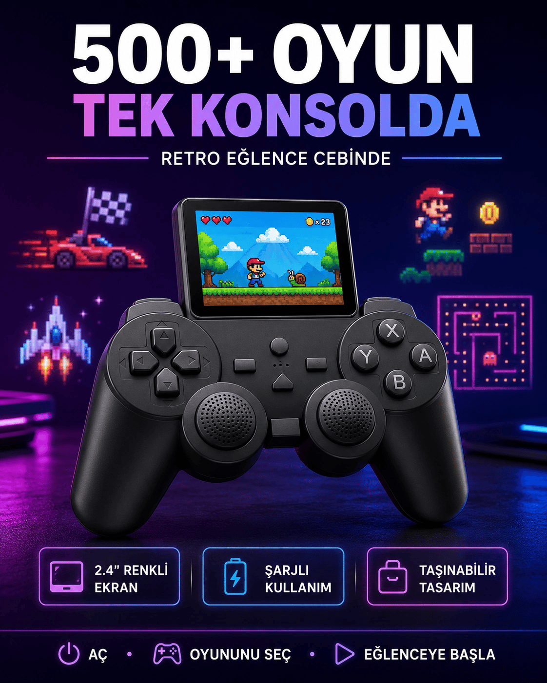 Çocuklar ve Yetişkinler İçin Uygun 500 Oyunlu Taşınabilir Mini Retro El Konsolu