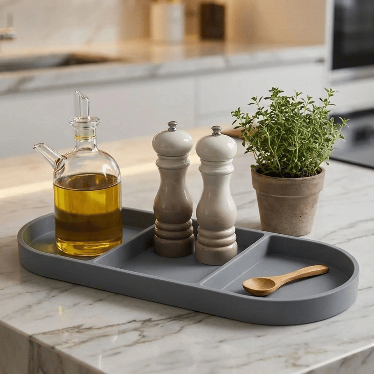 Çok Amaçlı 3 Bölmeli Gri Silikon Altlık – Yağdanlık Ve Sunum Organizeri Bx40