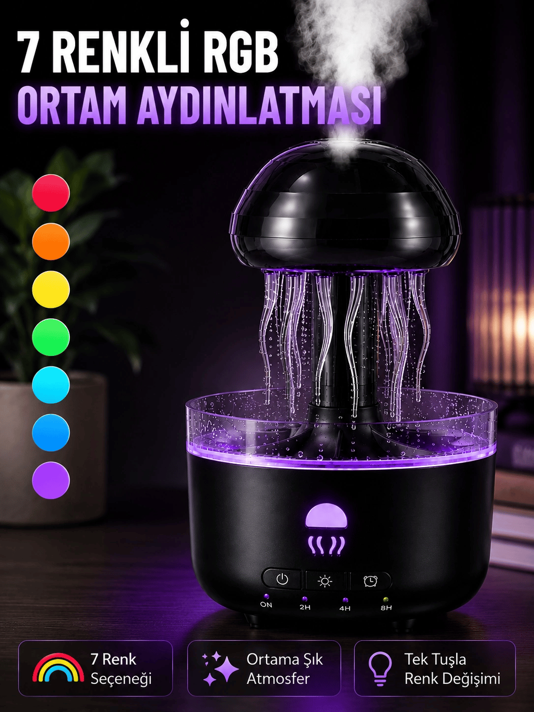 Dekoratif Denizanası Efektli Hava Nemlendirici RGB Gece Lambalı Ultrasonik Buhar Cihazı