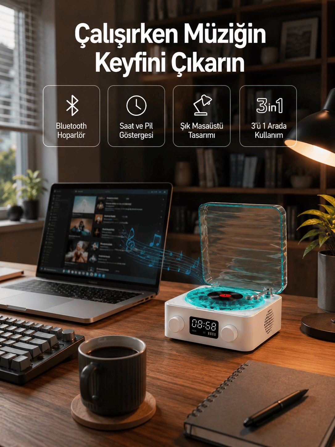 Dekoratif Gece Işıklı Bluetooth Hoparlör – Zaman ve Pil Ekranlı