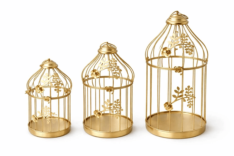 Dekoratif Gold Metal 3'lü Kafes Mumluk Seti