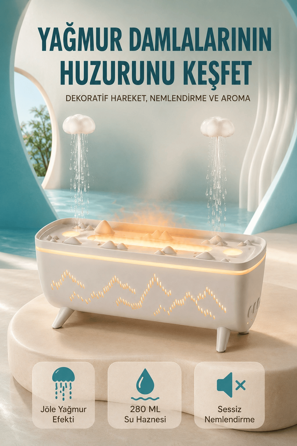 Dekoratif Hava Nemlendirici ve Aromaterapi Difüzörü 280 ML Yağmur Efektli Renkli LED Işıklı