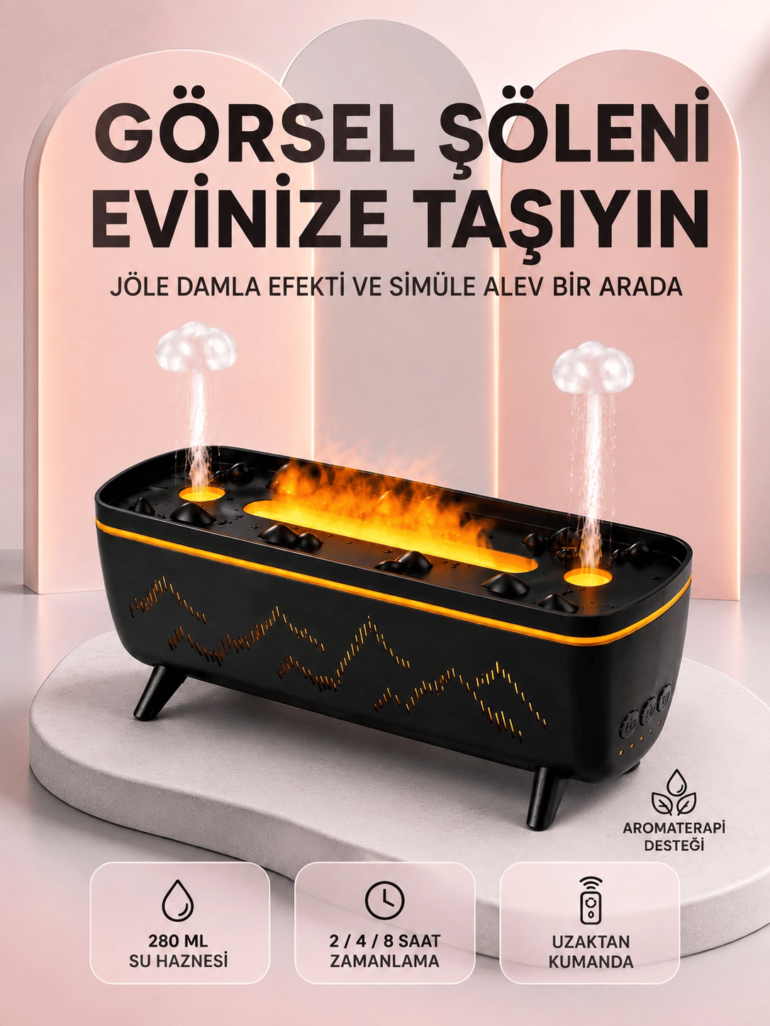 Dekoratif Siyah Hava Nemlendirici Jöle Damla ve Alev Efektli LED Işıklı Aroma Difüzörü