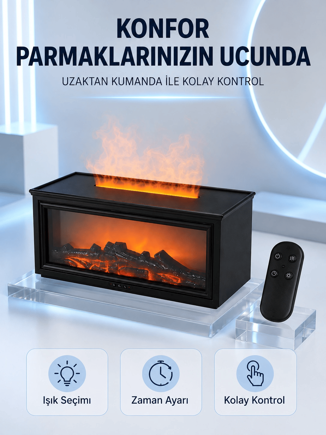Dekoratif Şömine Görünümlü Nemlendirici Uzaktan Kumandalı Renkli LED Işıklı Difüzör