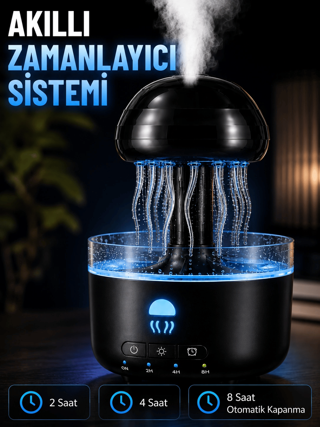 Denizanası Tasarımlı Ultrasonik Hava Nemlendirici RGB LED Işıklı Sessiz Buhar Makinesi Zaman Ayarlı