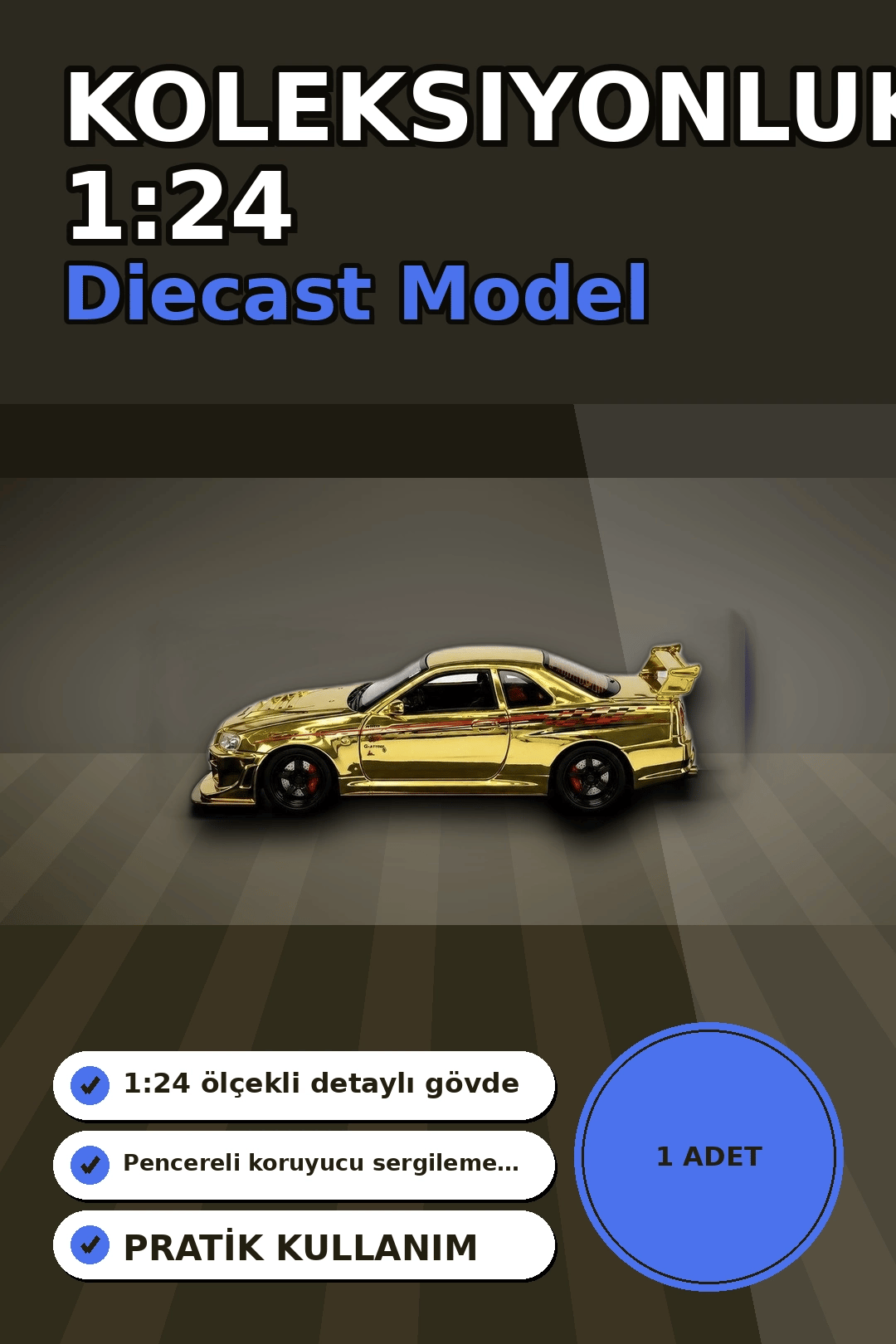 Diecast Metal 1/24 R34 GTR Model Araba - 14 Yaş ve Üzeri Koleksiyon İçin Tekli Paket BX-313407