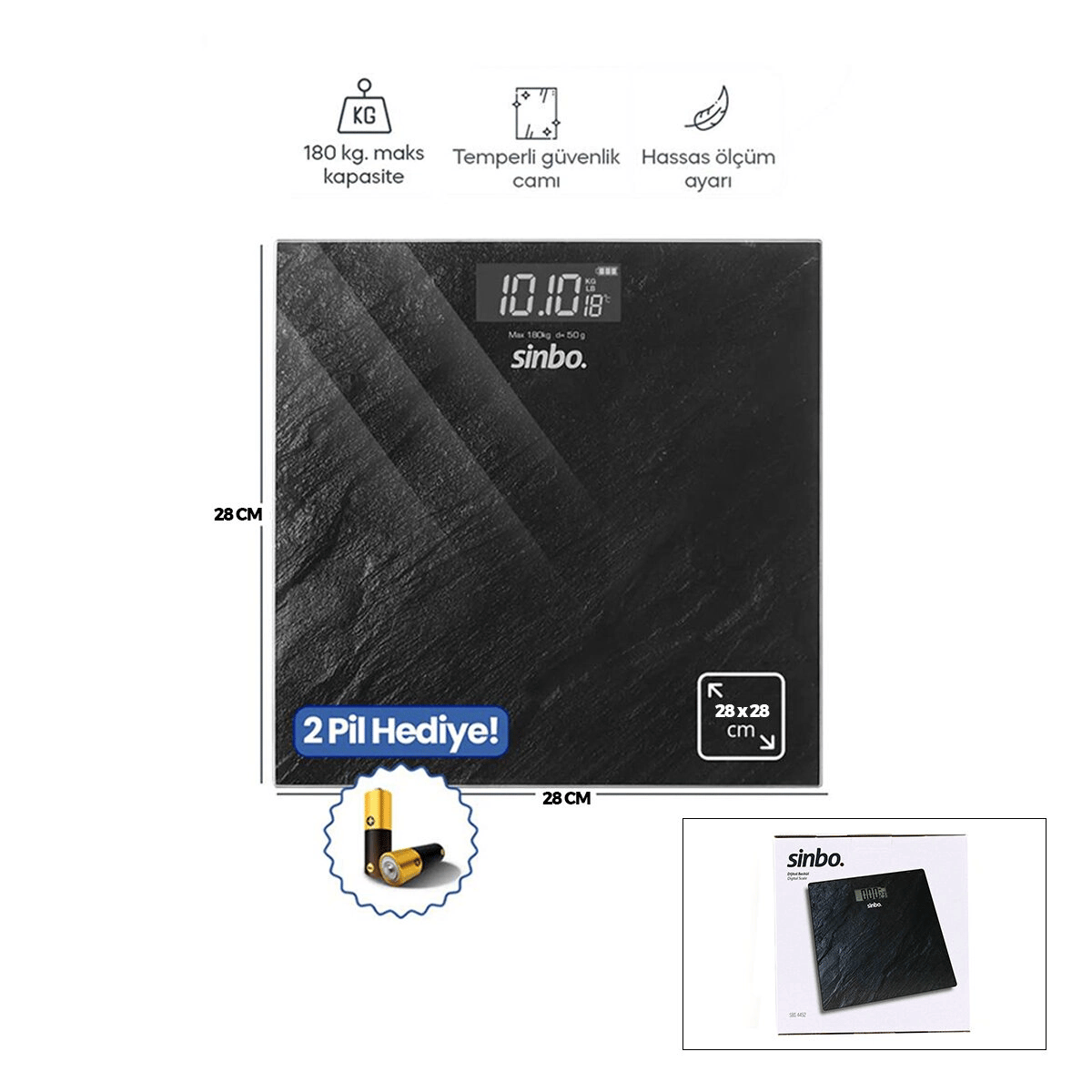 Dijital - Pilli Banyo Baskül Terazi Tartı Lcd Ekran - Sıcaklık Gösterge 180kg/50gr 28x28cm Sbs-4452 Bx40