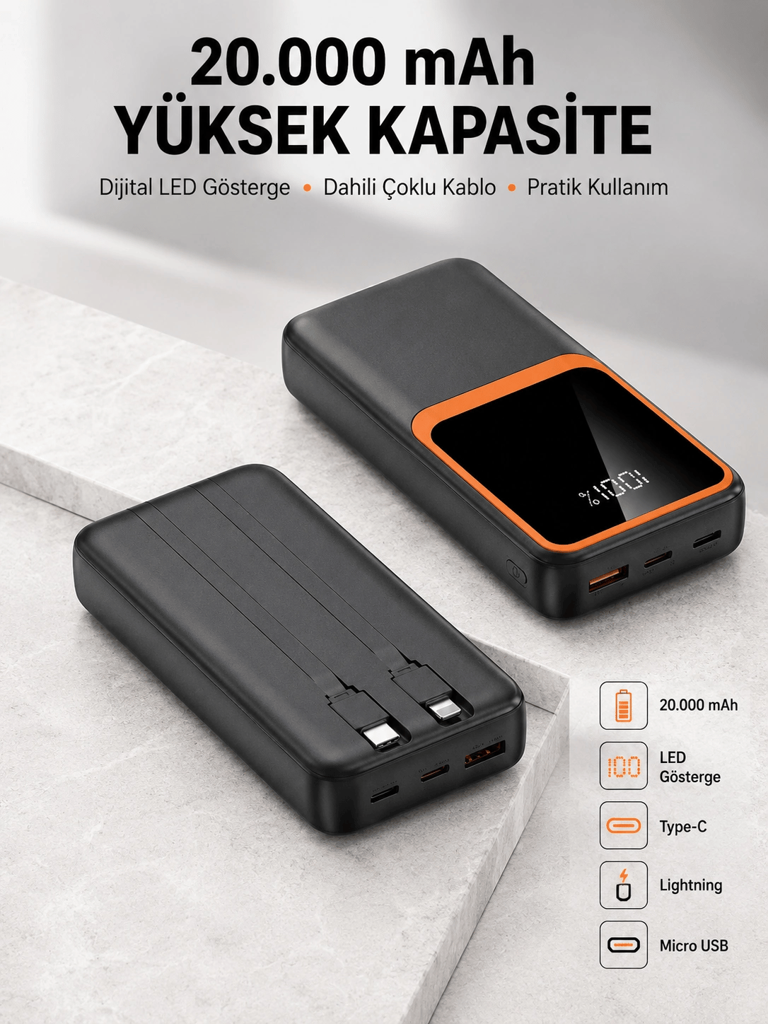 Dijital Ekranlı 20.000 mAh Powerbank | 22.5W Hızlı Şarj + Çoklu Bağlantı Seçeneği Yeni Nesil
