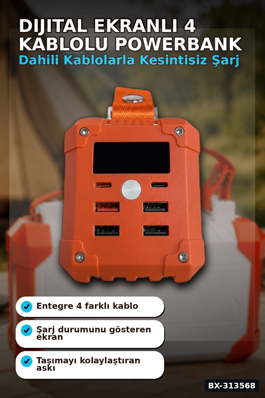 Dijital Ekranli 60000mAh 4 Kablolu Powerbank 22.5W Hizli Sarj Coklu Cikisli BX-313568