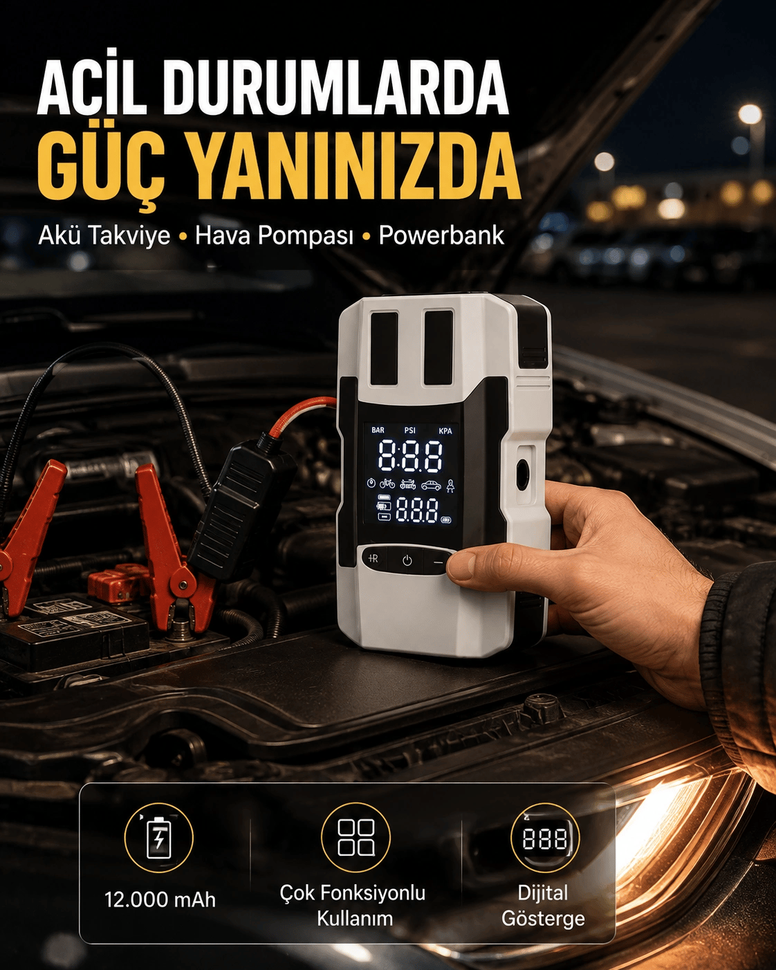 Dijital Ekranlı Araç Pompası Akü Takviye Powerbank 12.000 mAh Yeni Nesil
