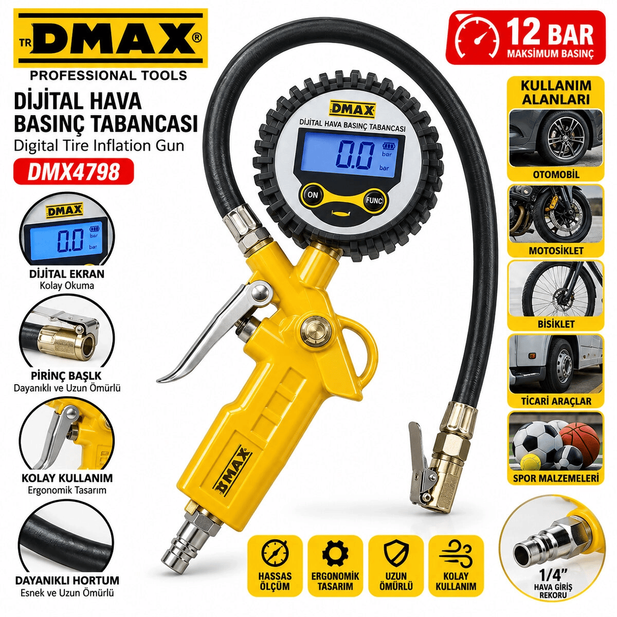 Dijital Hava Ölçme - Lastik Şişirme Tabancası 12 Bar Basınçlı - 1/4 Rekor Dmx-4798 Bx40
