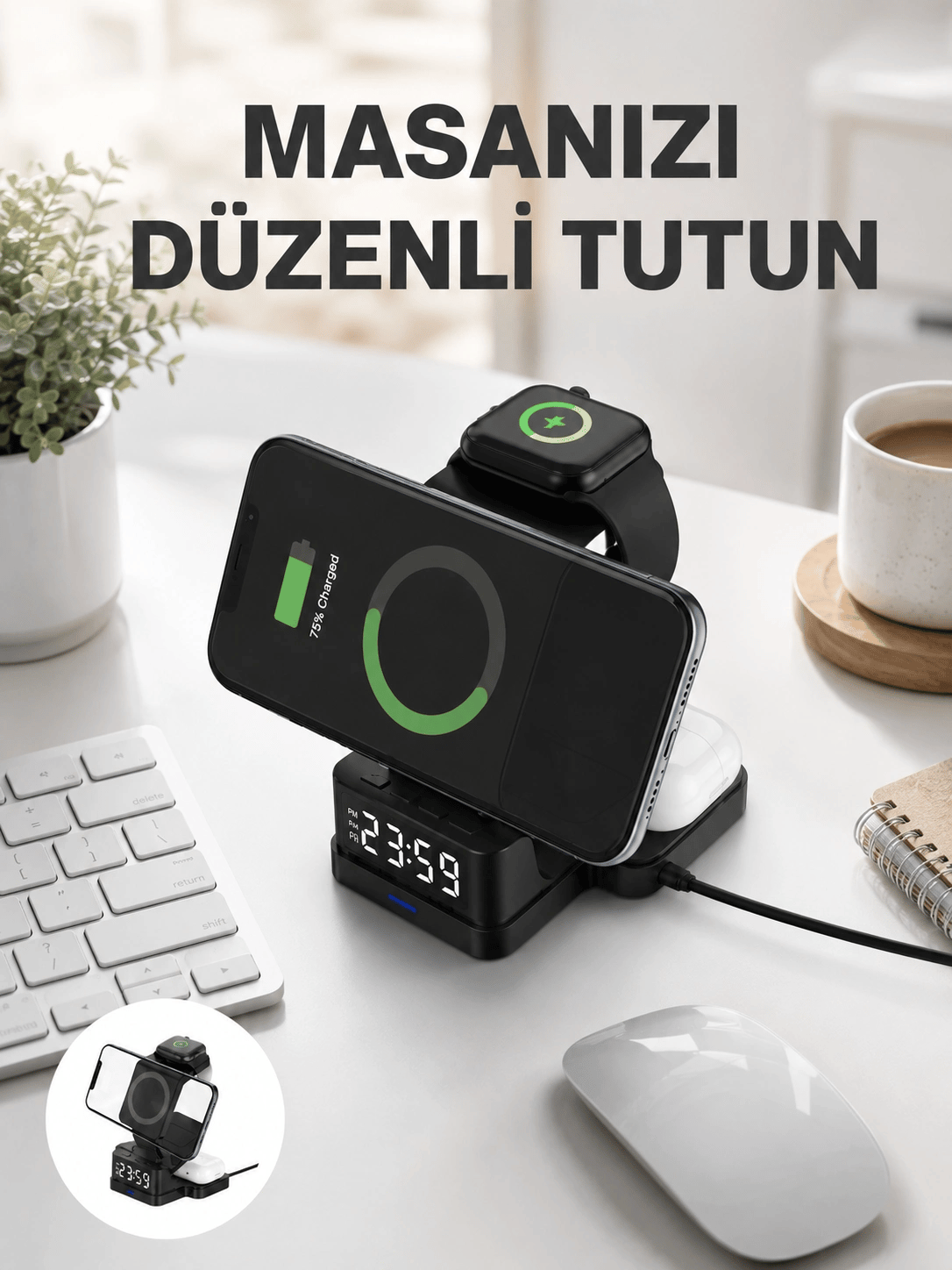 Dijital Saatli Kablosuz Şarj İstasyonu – 3’ü 1 Arada Uyumlu Hızlı Şarj ve LED Ekran Yeni Nesil