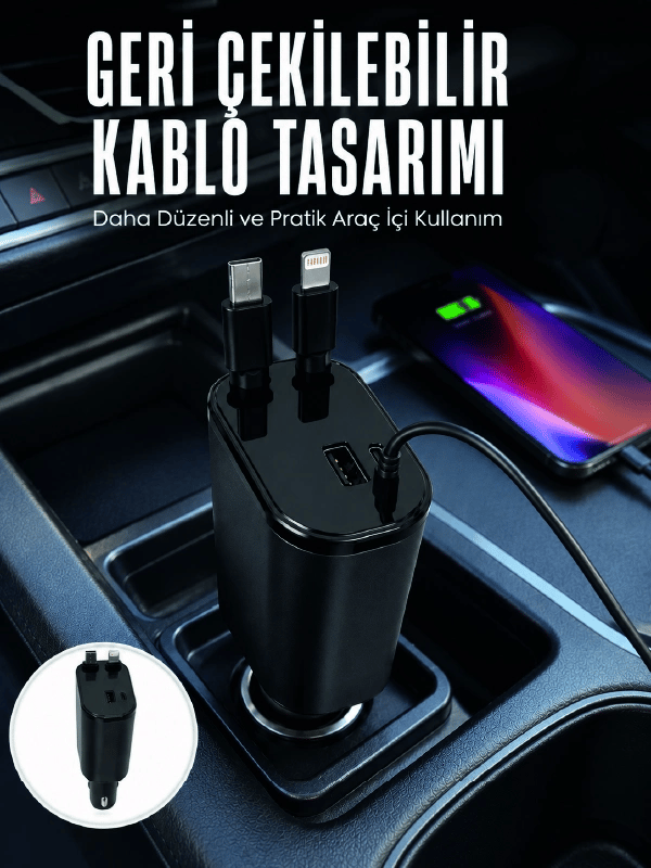 Dijital Voltaj Göstergeli Araç Şarj Cihazı Geri Çekilebilir Kablolu 4 Portlu Hızlı Şarj Adaptörü