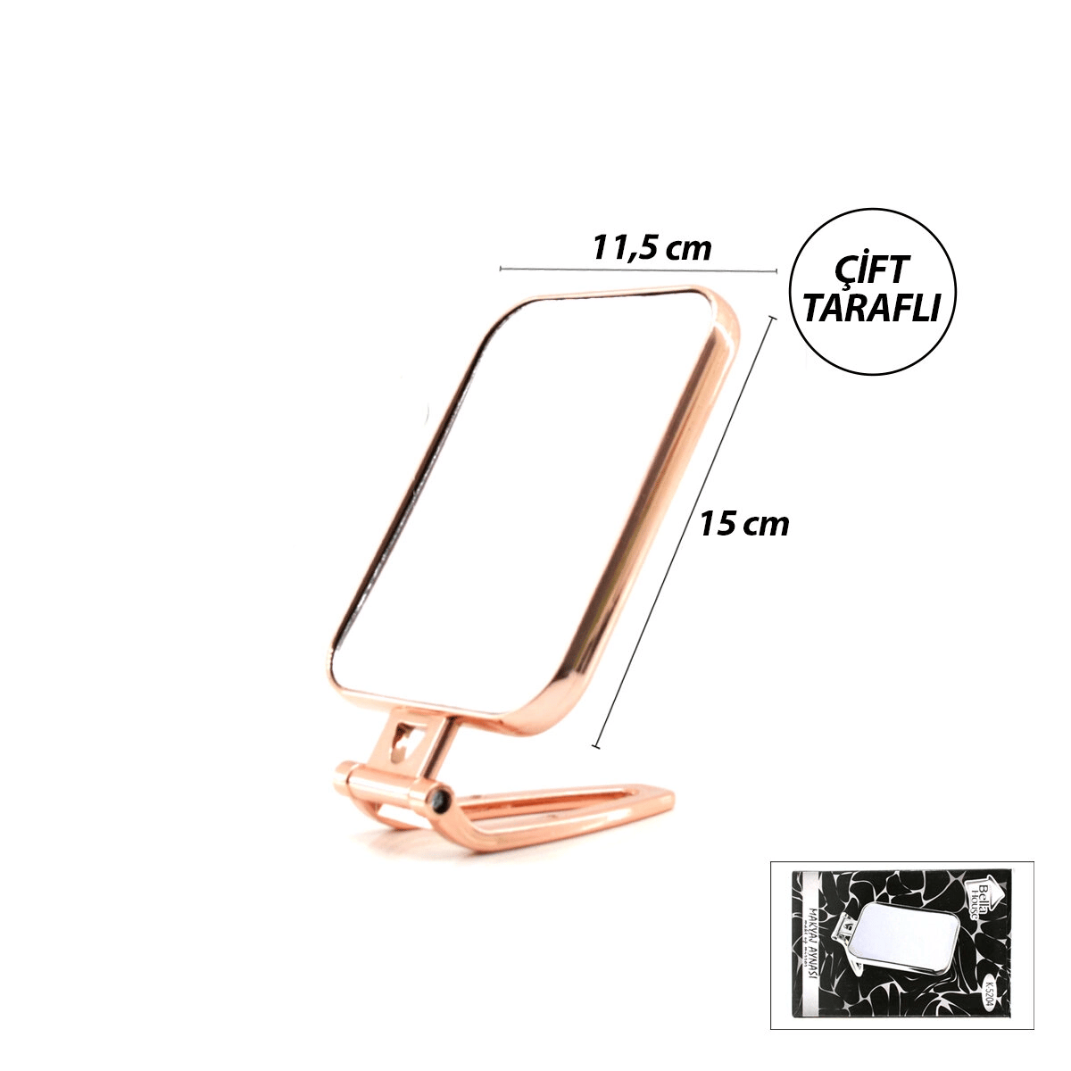 Dikdörtgen - Bakır 15x11.5cm Makyaj Aynası Çift Taraflı Katlanır Ayaklı Bx40