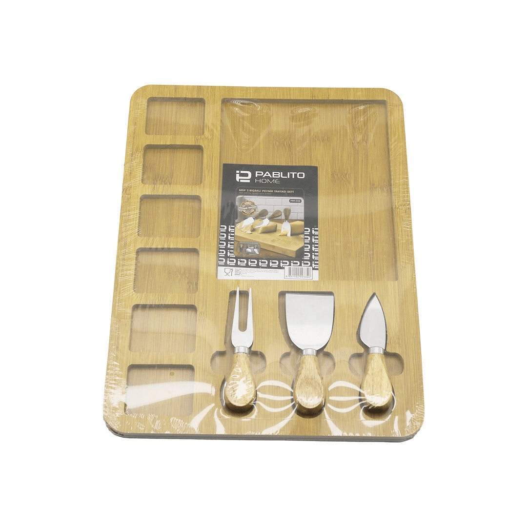 Dikdörtgen  6+1 Bölmeli   Mdf  Kahvaltı Peynir Sunum Panosu 3 Bıçak=ahşap Sap 30x39.5cm Bx40