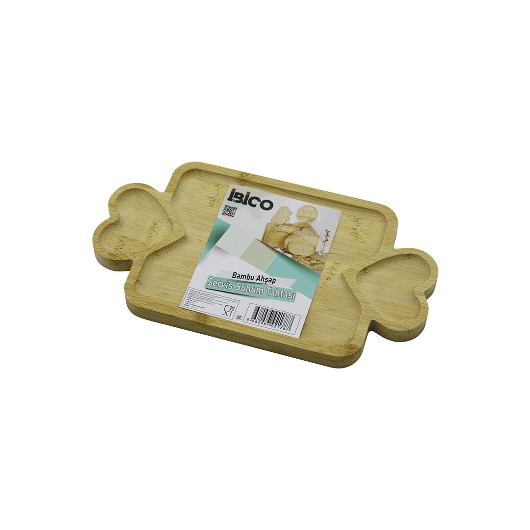 Dikdörtgen 3 Bölmeli=2in1 Kalp Kulp - Bölme + 1 Ahşap Bambu Servis Sunum Tepsi - Tahtası 25 X 14 X 1.4cm Bx40