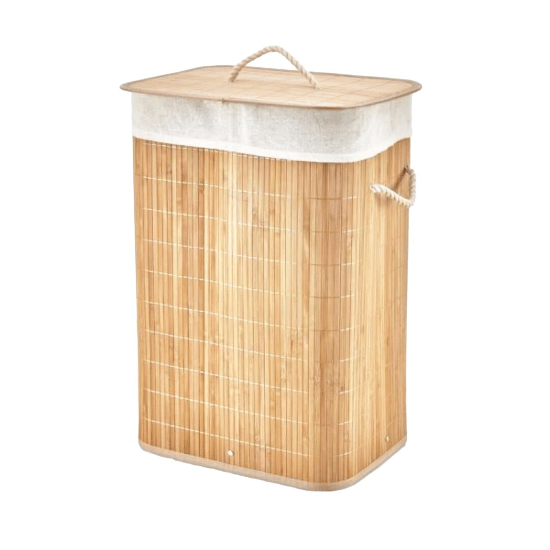 Dikdörtgen Bambu Ahşap Kirli Çamaşır Sepeti 40x30x60cm Seyyar Kapaklı İçi Bezli İp Kulplu Bx40