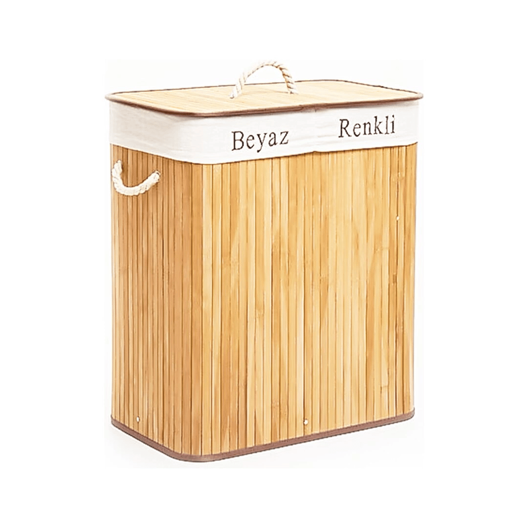 Dikdörtgen İki Bölmeli İç Bez Bambu Ahşap Kirli Çamaşır Sepeti İp Kulp 52x32x62cm Bx40