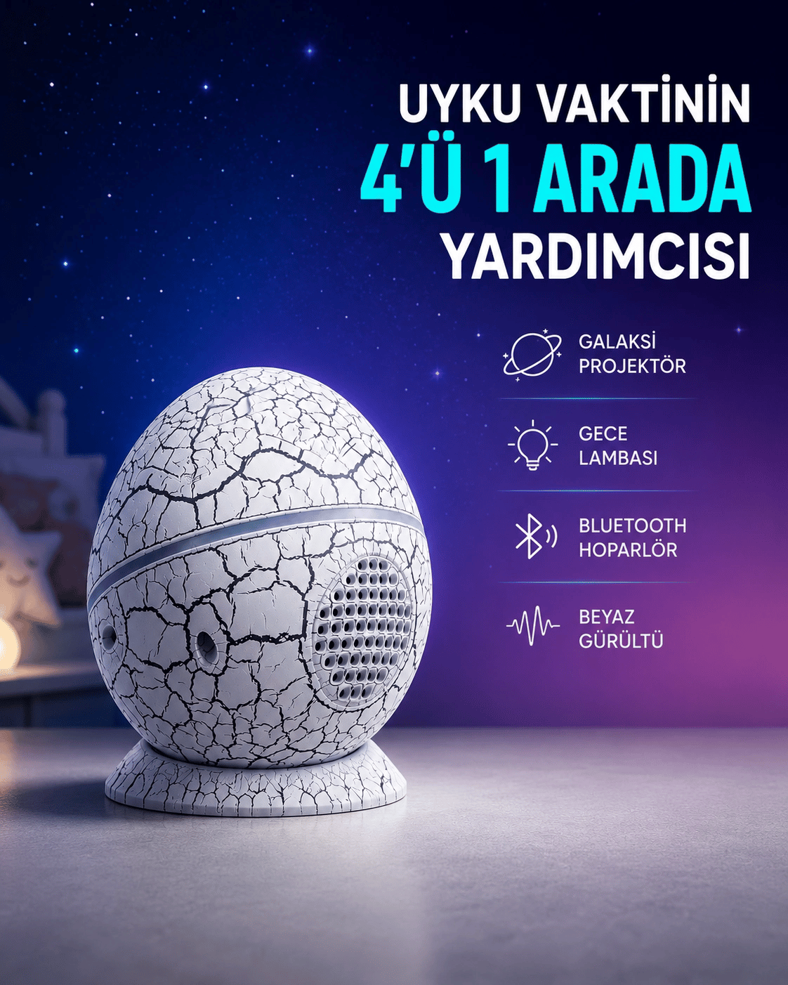 Dinozor Yumurtası Tasarımlı Gece Lambası – Müzik ve Işık Senkronizasyonlu