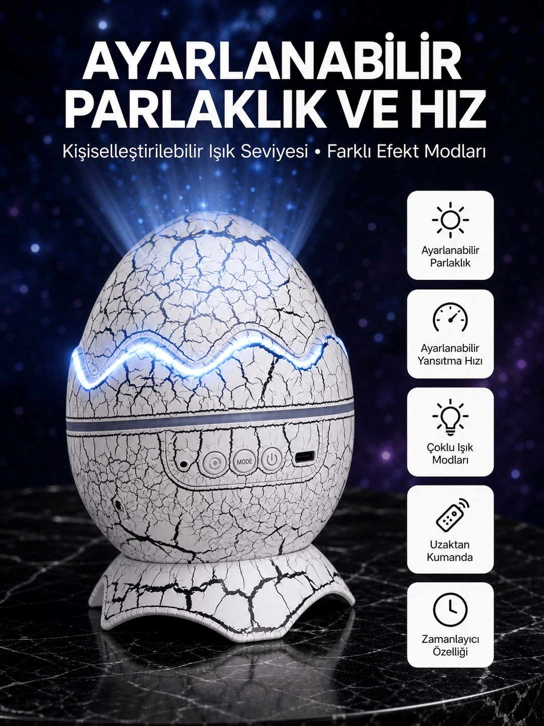 Dinozor Yumurtası Tasarımlı Projektörlü Gece Lambası