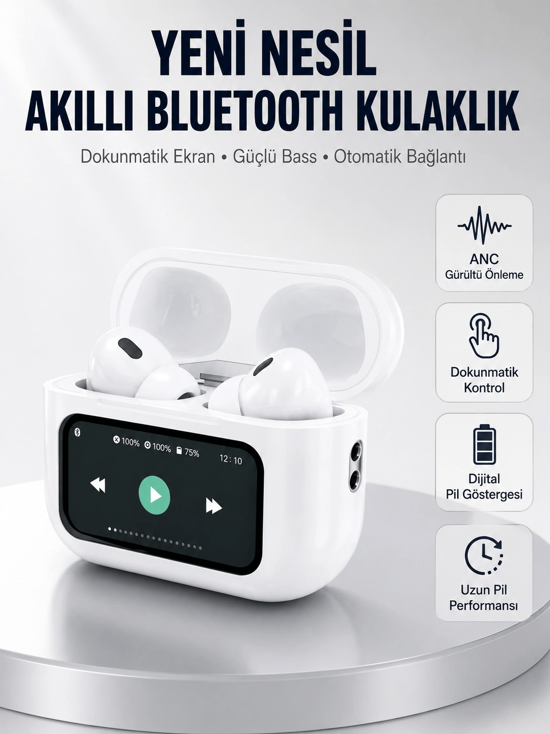 Dokunmatik Ekranlı Bluetooth Kulaklık ANC Gürültü Önleme Suya Dayanıklı Yeni Nesil